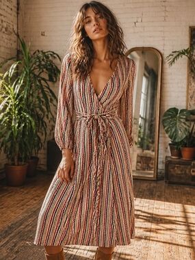 Ruby Rox Striped Wrap Midi Dress in Cream, Red & Black